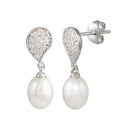 Sterling Silver Teardrop Dangling Pearl Earrings
