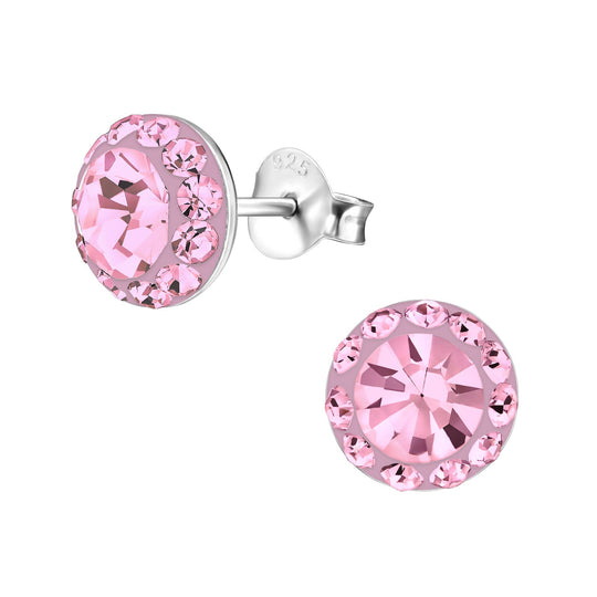 Sterling Silver Round Pink Crystal Ear Studs 