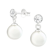 Sterling Silver Round Crystal & Pearl Drop Earrings
